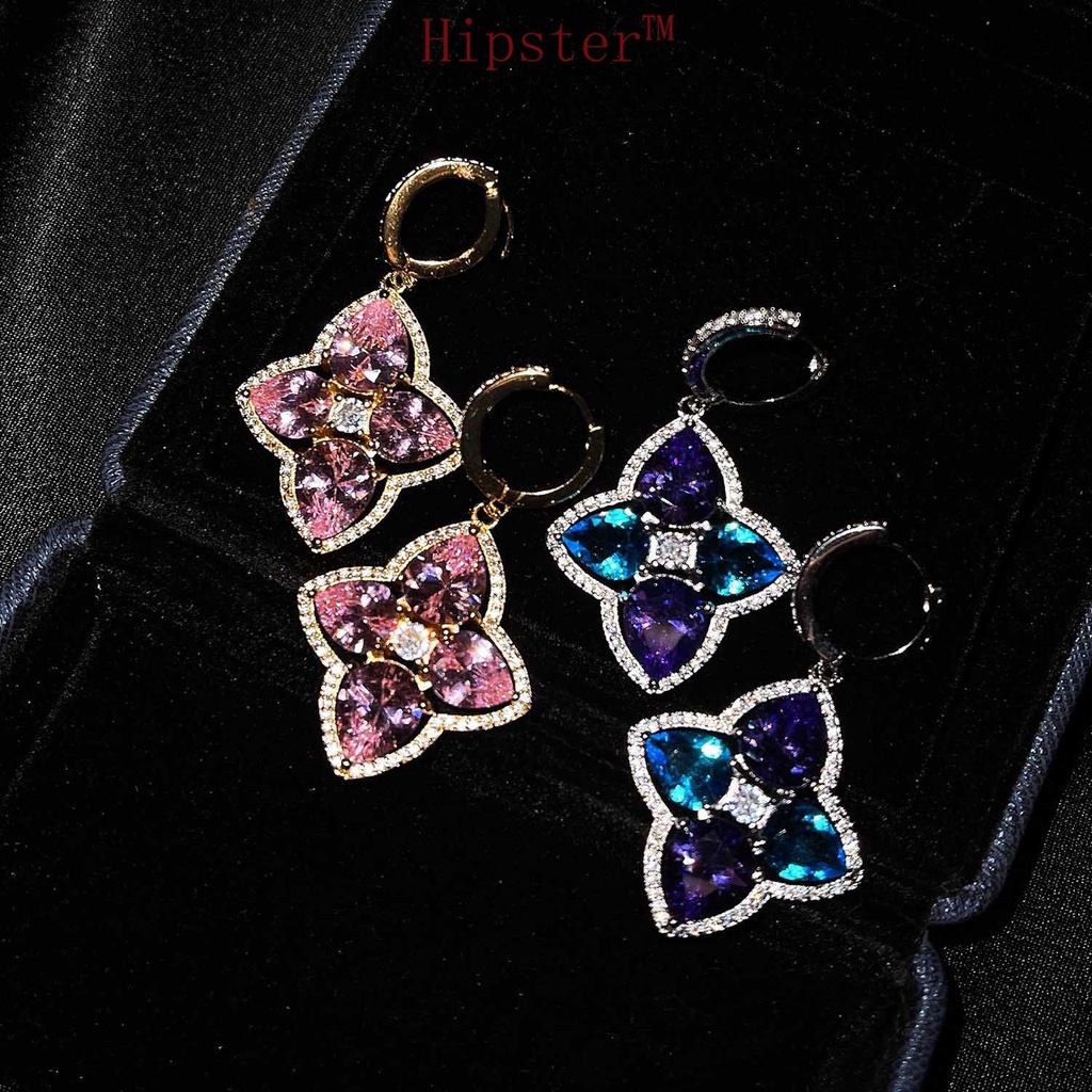 New Design Pink Flower Inlaid Retro High Carbon Diamond Silver Needle Petal Eardrops