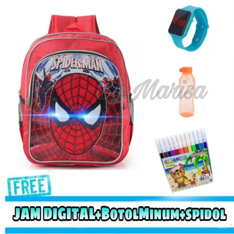 Tas Anak Laki Laki Spiderman Plus Jam Tangan Digital Botol Minum dan Spidol