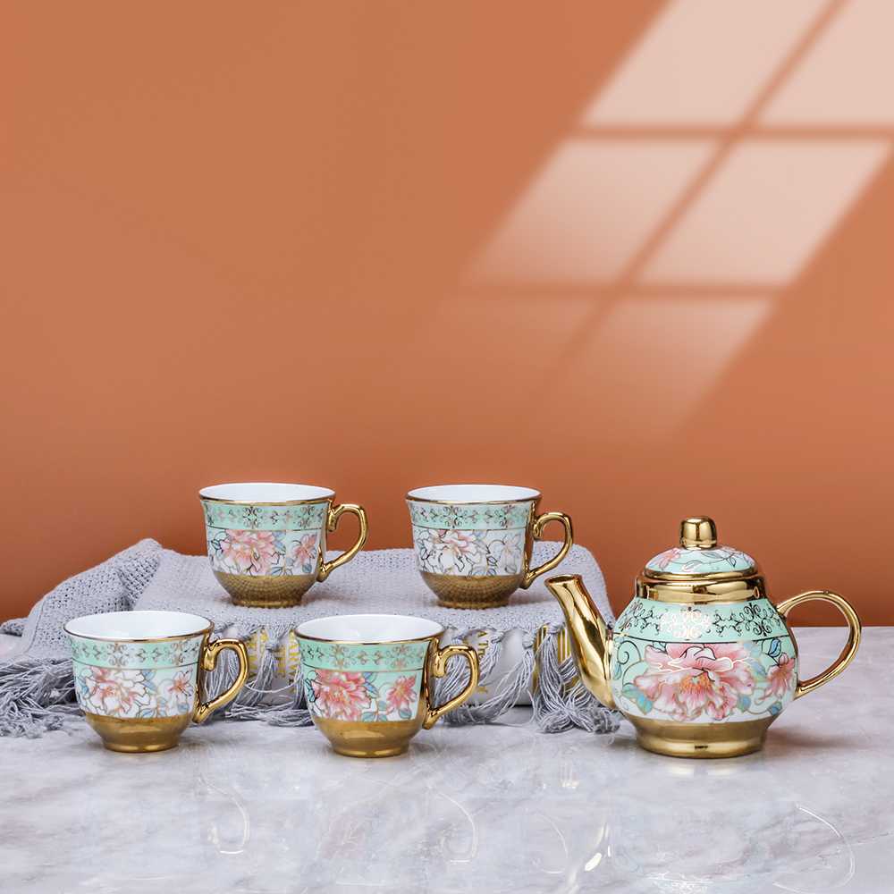 Teko cangkir set  1 teko 4 cangkir keramik china gaya eropha cagkir tamu gelas tamu exclusive Cangkir Teko Keramik Set 4 Cups 1 Pot European Style Bone China Coffee Pot Set with Wood Tray Spoon Ceramic Electroplating Process High Temperaturetea Cup Eco