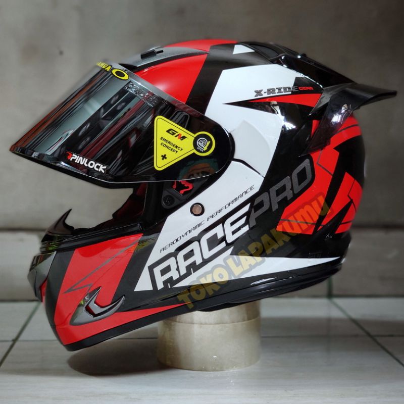 Terbaru Helm Gm Race Pro flat visor - helm fulpace Gm paket ganteng-Red white ganteng