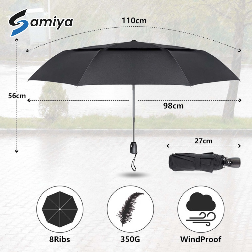 payung hitam lipat portable / umbrella wind resistant automatic / payung double layer / black umbrella