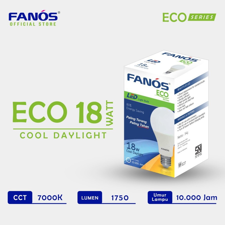 Fanos Lampu Led Eco 18 Watt - Bohlam Bergaransi 18W 18Watt 18 W Putih Cool Daylight