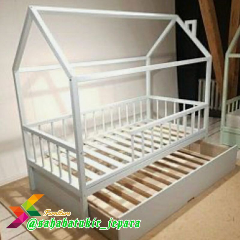 RANJANG ANAK || DIPAN ANAK MINIMALIS BED HOUSE DOUBLE BED CAT DUCO PUTIH