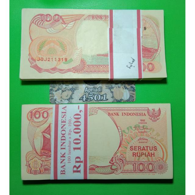 UG001 UANG KUNO ASLI 1 GEPOK 100 RUPIAH PERAHU PINISI TAHUN 1992 KOLEKSI UANG KERTAS LAMA #UNC