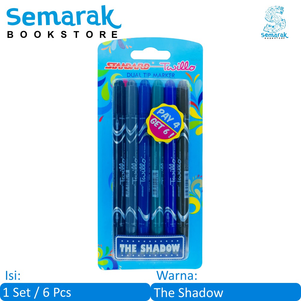 

Pulpen dan Spidol Warna Standard Twillo Dual Tip - The Shadow [1 Set / 6 Pcs]