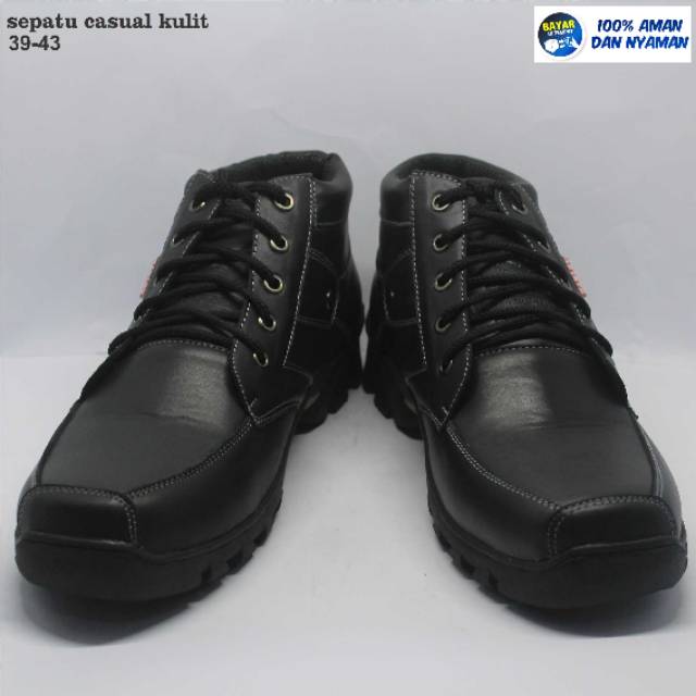 Sepatu boots casual hitam pria kulit sapi asli utk hangout touring hiking muncak satpam kichen spbu