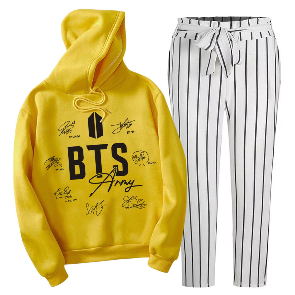 BESS - Baju Setelan Wanita Murah / Setelan Hoodie + Celana Salur Putih - ARMY TTD