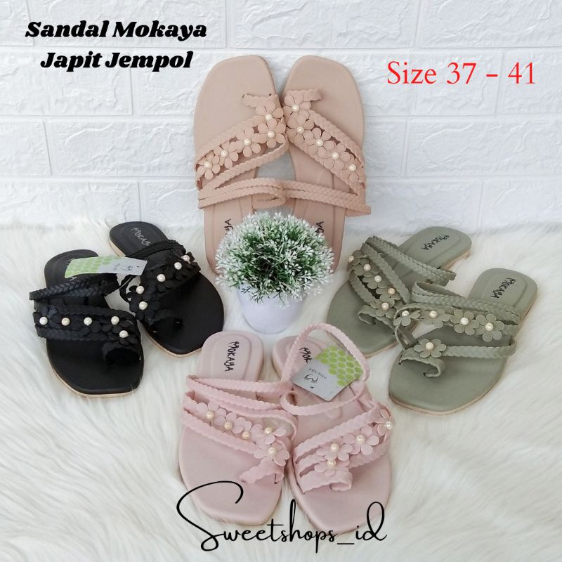 MOKAYA - SANDAL WANITA TERBARU / SANDAL WANITA JEPIT JEMPOL BUNGA MUTIARA L929