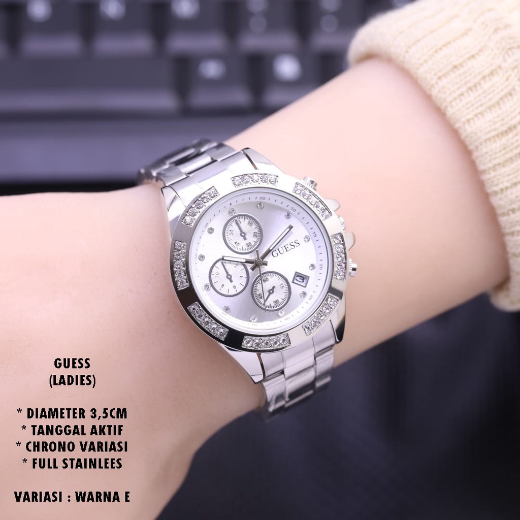 (BISA COD) JAM TANGAN WANITA GUESS RANTAI BODY BULAT TANGGAL AKTIF CHRONO OFF