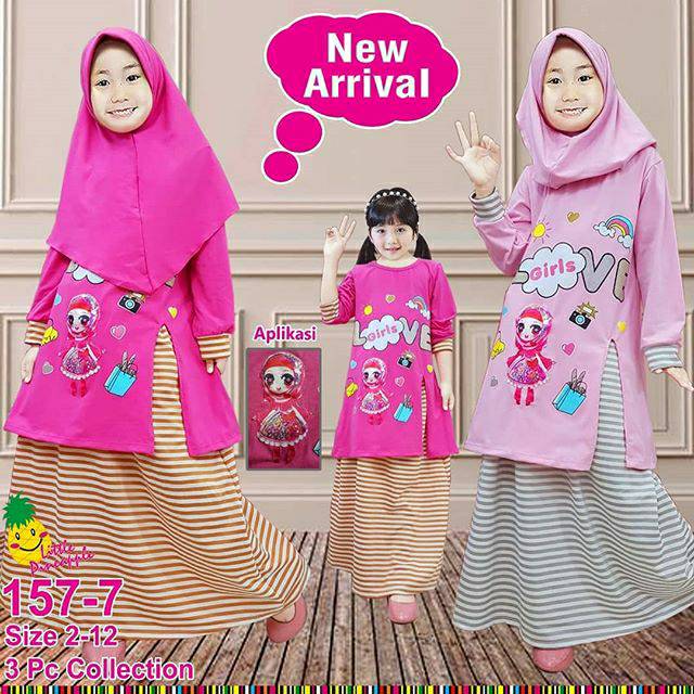 Baju muslim baju lebaran hijab anak umur 2-8 tahun LED little pineapple murah
