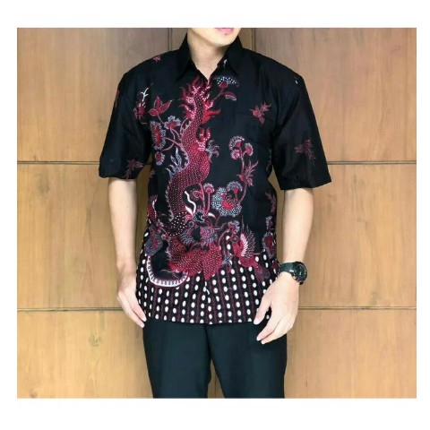 BAJU KEMEJA BATIK PRIA LENGAN PENDEK MOTIF NAGA WARNA MERAH
