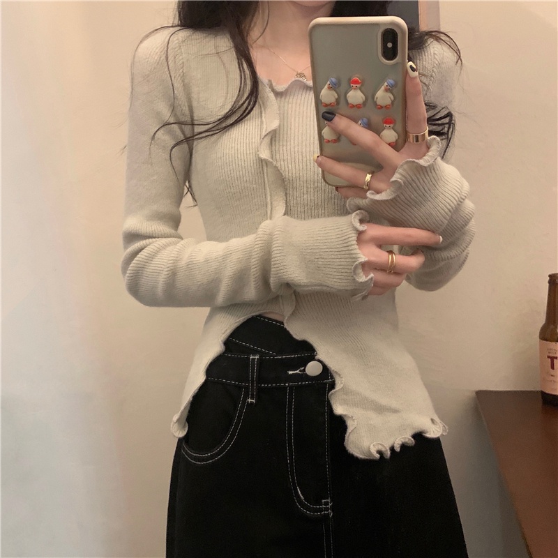 Knit Crop Top Korea Lengan Panjang Wanita Knitwear Atasan Wanita