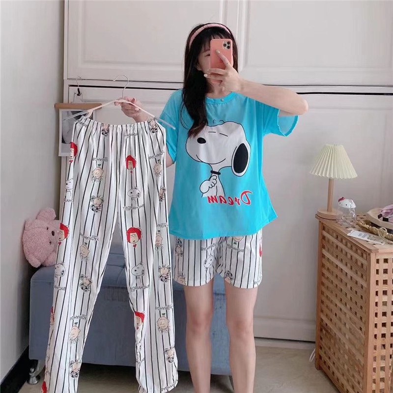 Baaju.id Baju Tidur 3in1 Piyama Import Wanita Baju Rumah 1 Set Lengan Pendek Celana Pendek &amp; Panjang