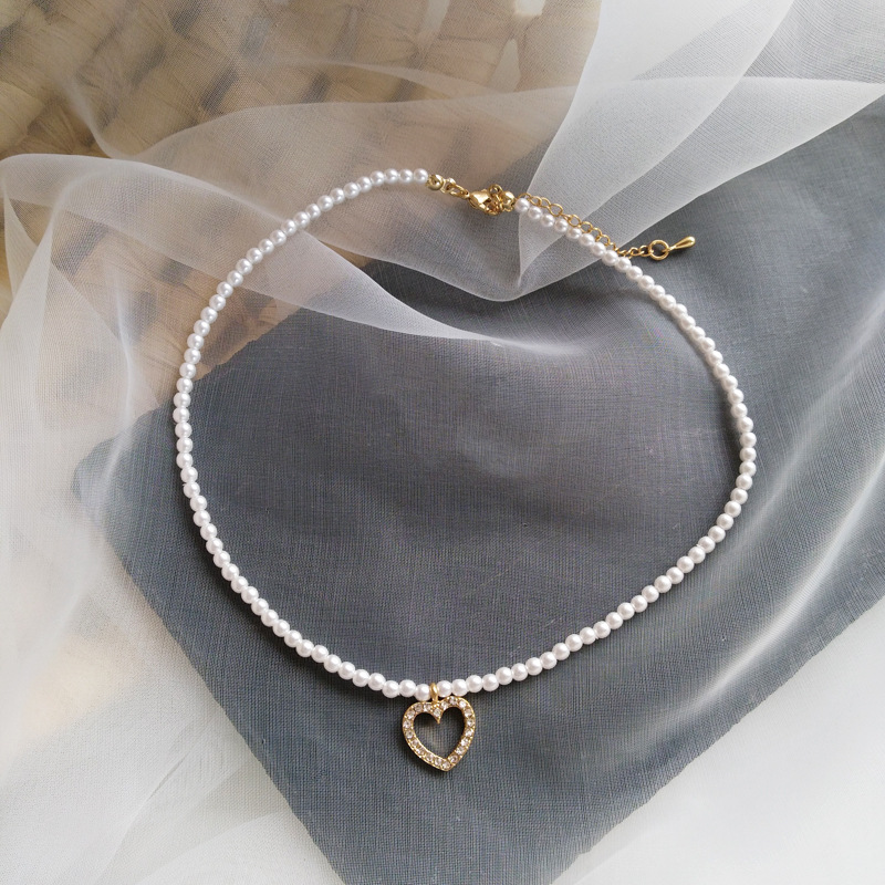 Exquisite Love Diamond Pearl Necklace Clavicle Chain Choker Vintage Jewelry Gift