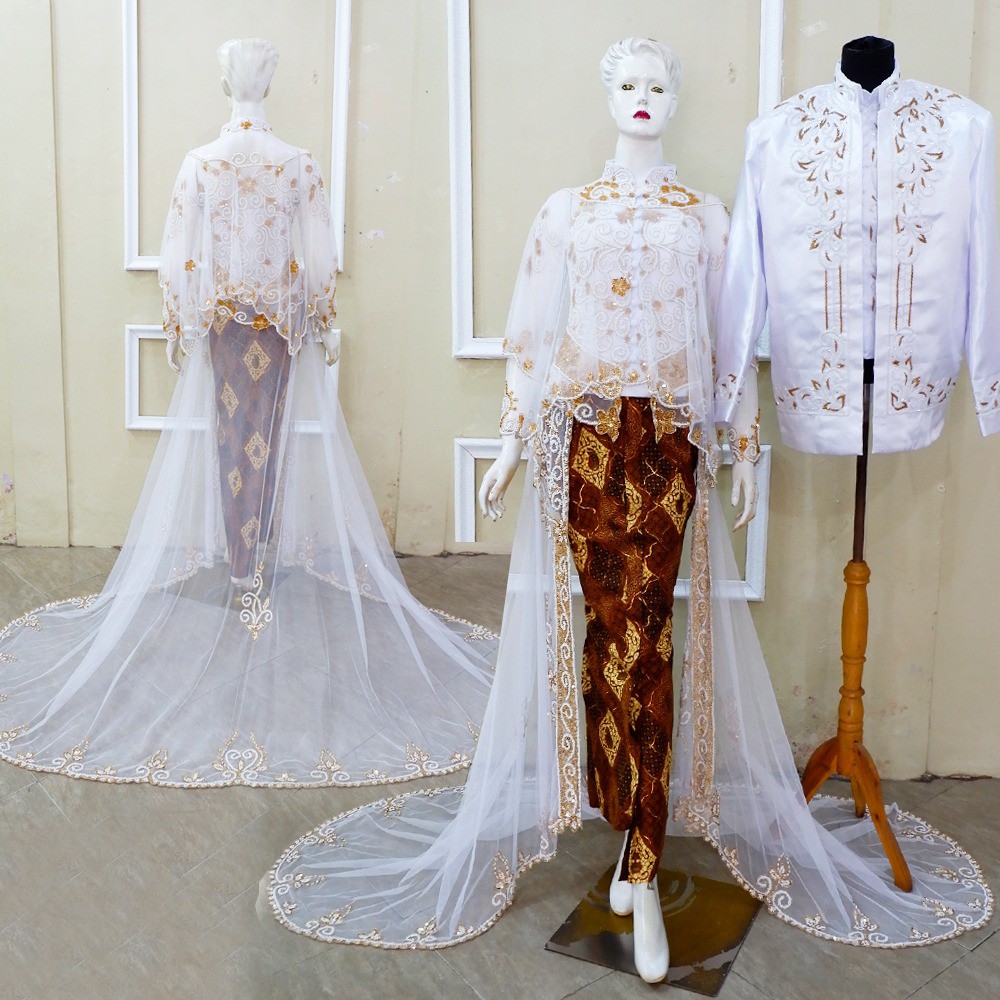 Kebaya Pengantin Modern Set Cape White Gold