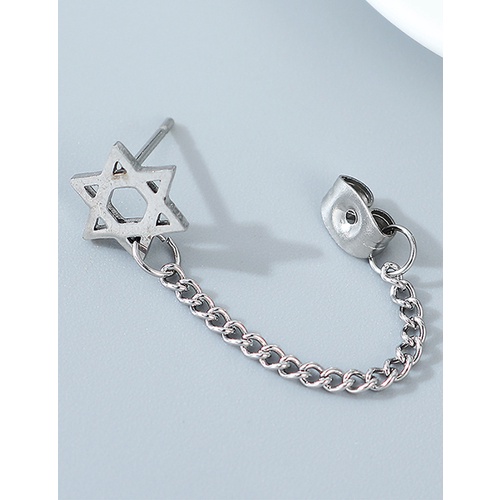 LRC Anting Tusuk Fashion Silver Single Side Hexagonal Star Hollow Chain Alloy Earrings Y64637