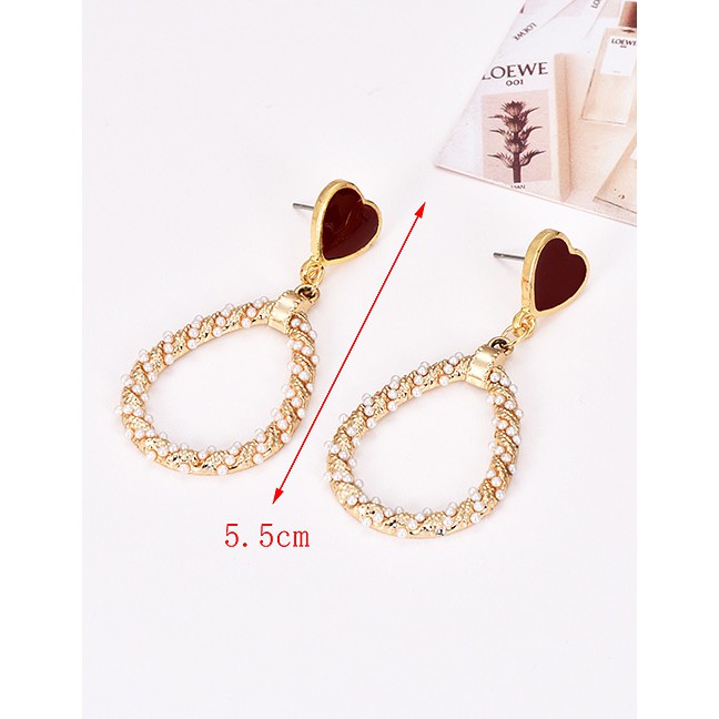 LRC Anting Tusuk Fashion Gold Alloy Love Pearl Drop Ear Stud Earrings F50965