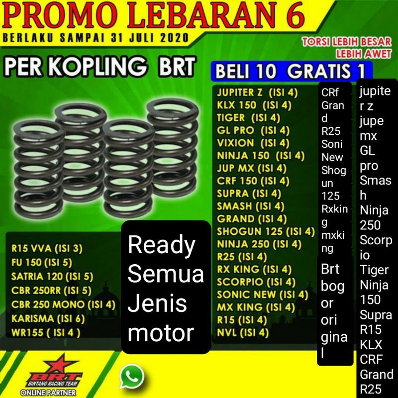 PER KOPLING BRT KLX/CRF/R15/TIGER/GLPRO/JUPETER Z/JUPITER MX/JUPITER MX KING/ CLUTH SPRING SPRING CLUTH PER KOPING RACING BRT SMASH NINJA 250 SCORPIO SKORPIO NINJA150 SUPRA GRAND LEGENDA RXKING SONIC NEW FU150  R25 SHOGUN125 R15 GHIO MOTOR SHOP