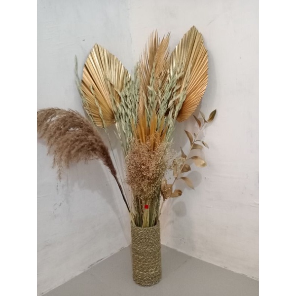 Lengkap+Vas-Daun Palem Kering/Dried Paket Vas dan Daun Palem Kering Dekorasi Bunga Rustic Pampas Can