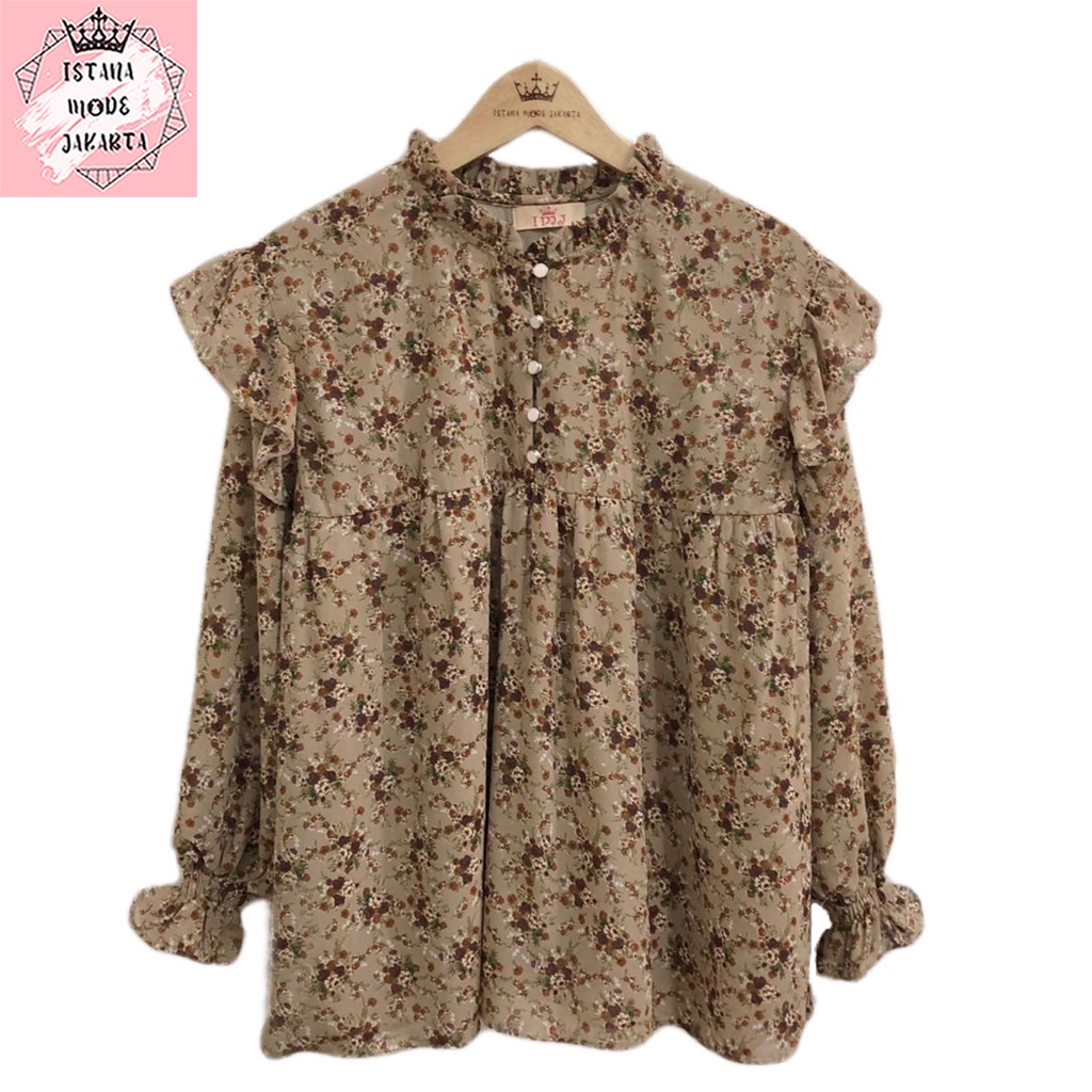 ISTANA MODE JAKARTA Zira baju atasan wanita terbaru blouse korean style blouse wanita lengan panjang-BUNGA COKSU MERAH 5