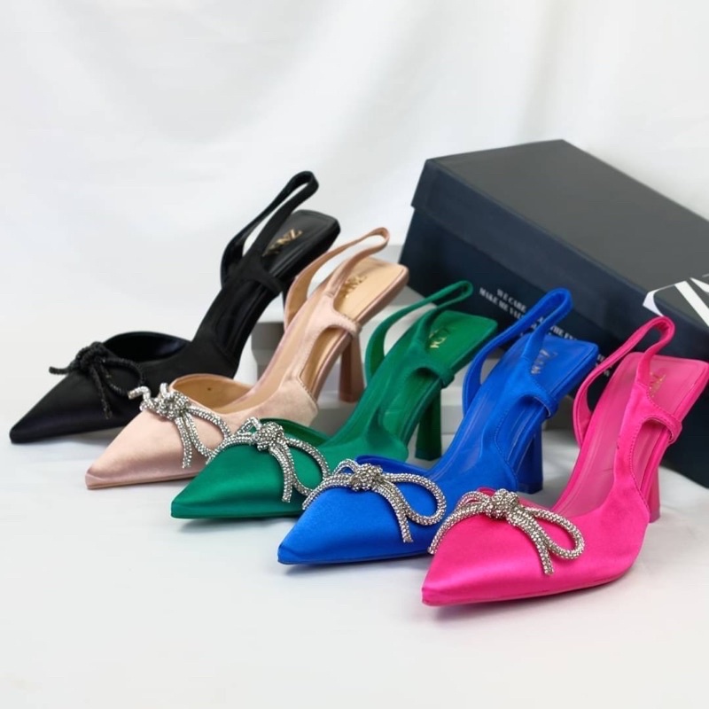 Sepatu Pita Hak Tinggi Wanita ZR Satin Platinum Ribbon Slingback High Heels 9,5cm Premium Import Hit