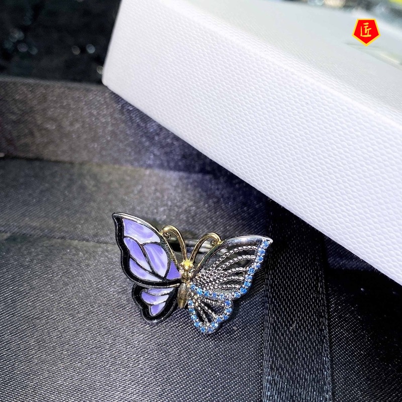 [Ready Stock]Advanced Exquisite Hollow Jeweled Colorful Butterfly Ring Sweet