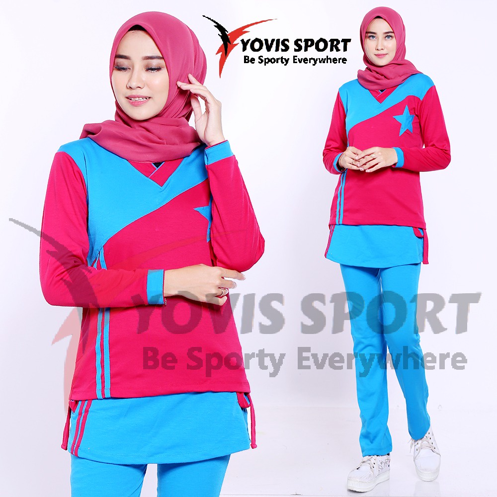 BS12 SETELAN BAJU OLAHRAGA WANITA  YOVIS SPORT | SERAGAM SENAM BINTANG ,AEROBIC ,GYM, ORI YOVIS