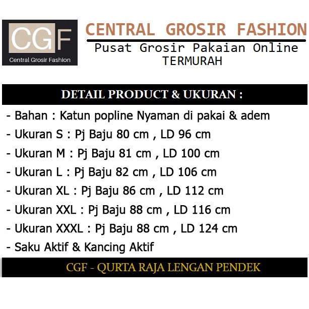 Qurta Raja Lengan Pendek  - Central Grosir Fashion (CGF) - Ukuran S-3XL - Matt Katun Poplin