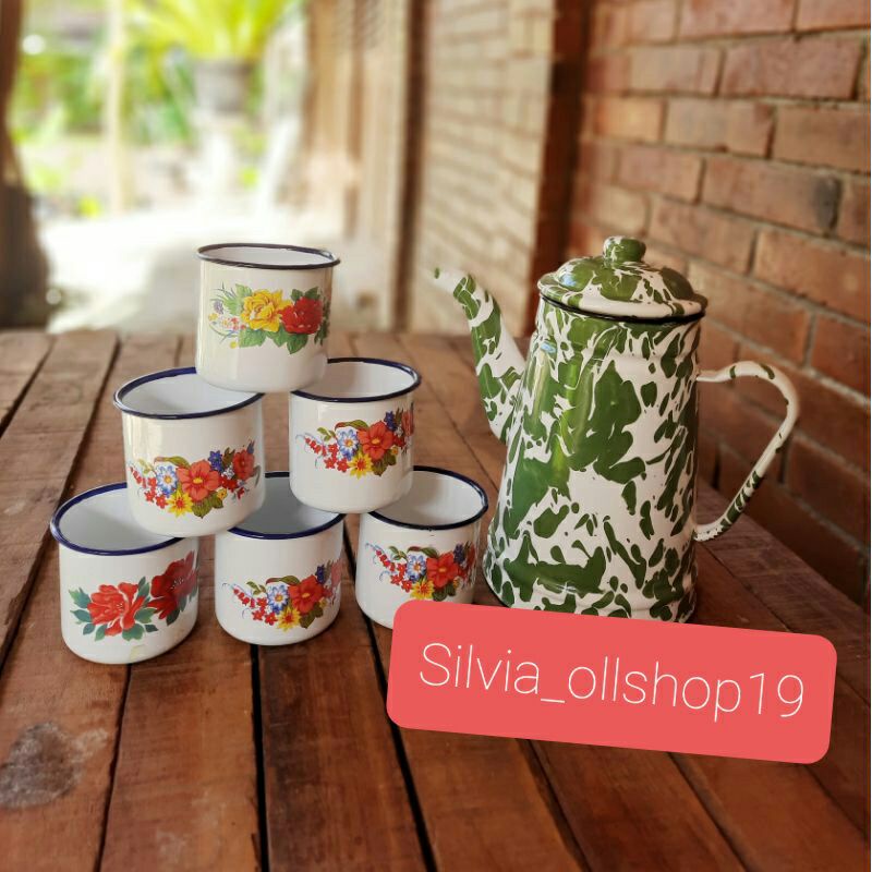 1sett Teko loreng brulirik jadoel 6 cangkir enamel jadul motif bunga