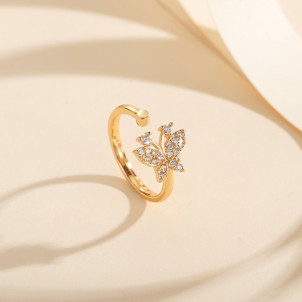 Y692 【COD】 Cincin Kupu-Kupu Adjustable Titanium Kristal Emas Fashion Wanita Perhiasan Rings
