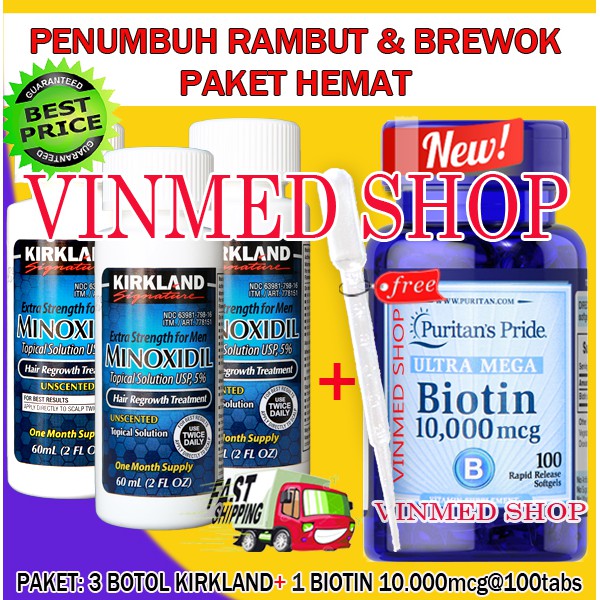 Kirkland Minoxidil + Biotin 10.000mcg isi 100 Paket HEMAT 3 Bulan