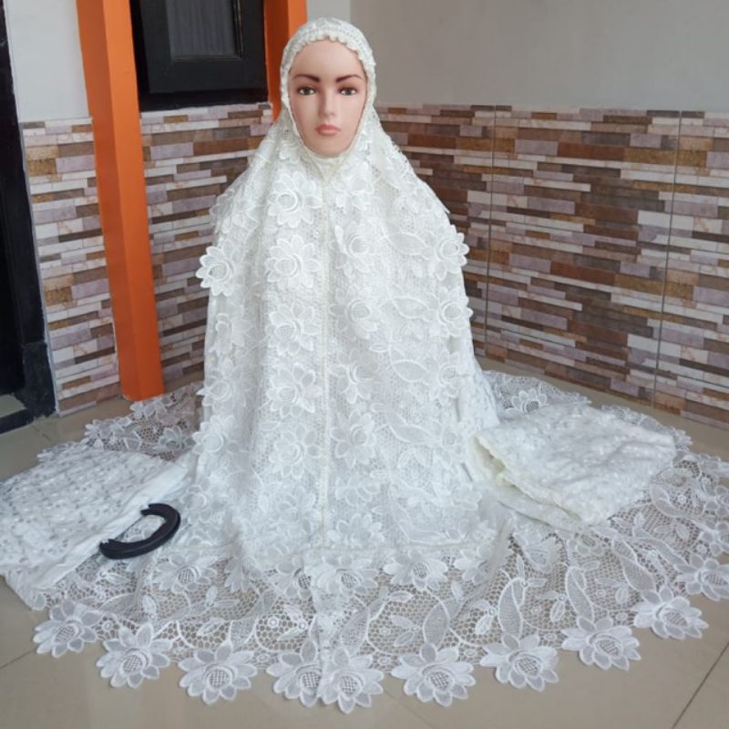 MUKENAH MEWAH DEWASA TERBARU SUTRA PRADA PARIS ORIGINAL RENDA TAWON (PUTIH) //PROMO COD TERMURAH