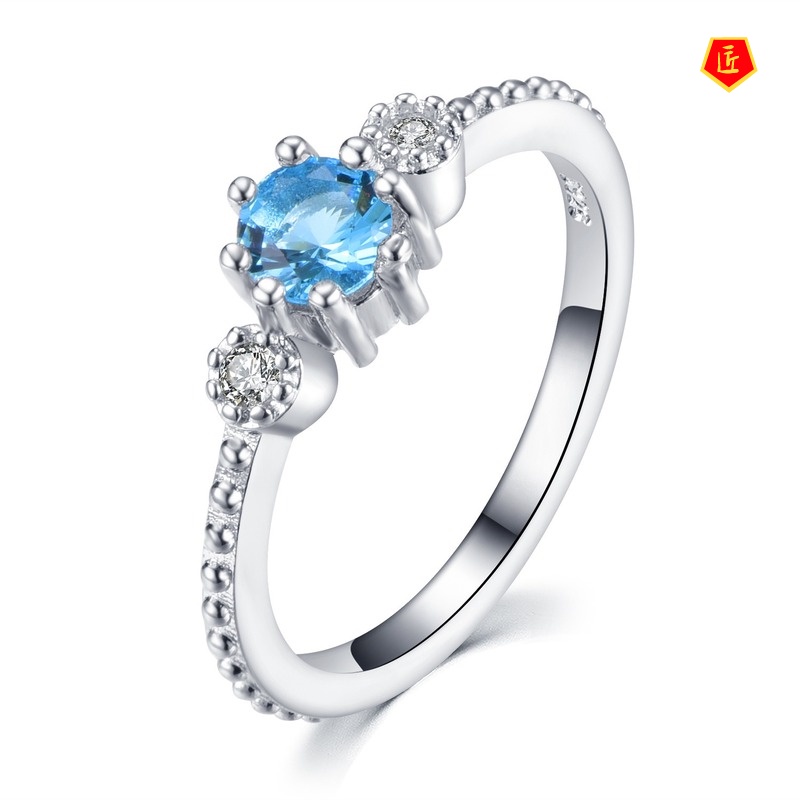 [Ready Stock]Simple Personality 925 Silver Sea Blue Diamond Ring