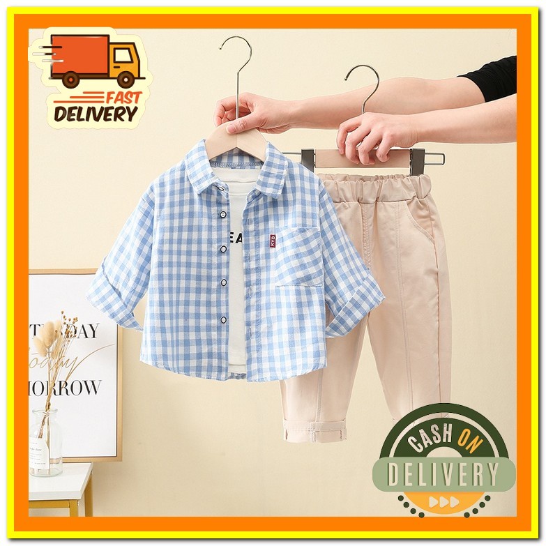 [Cod] Setelan Kemeja Kotak Celana Panjang Fashion Import Anak Laki Laki Model Korea Impor Grosir
