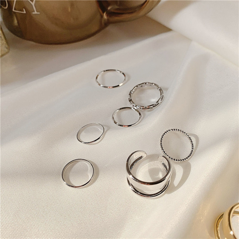 7pcs / Set Cincin Jari Model Terbuka Dapat Disesuaikan Warna Emas Gaya Korea Untuk Wanita