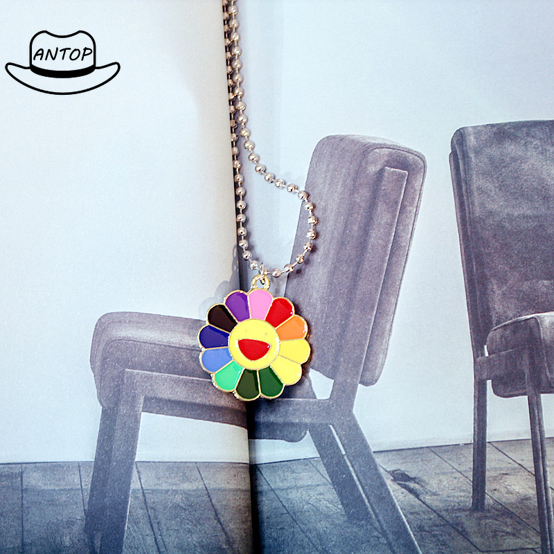 Harajuku Japanese Couple Necklace Rainbow Sun Flower Smiley Retro Pendant ANTOP