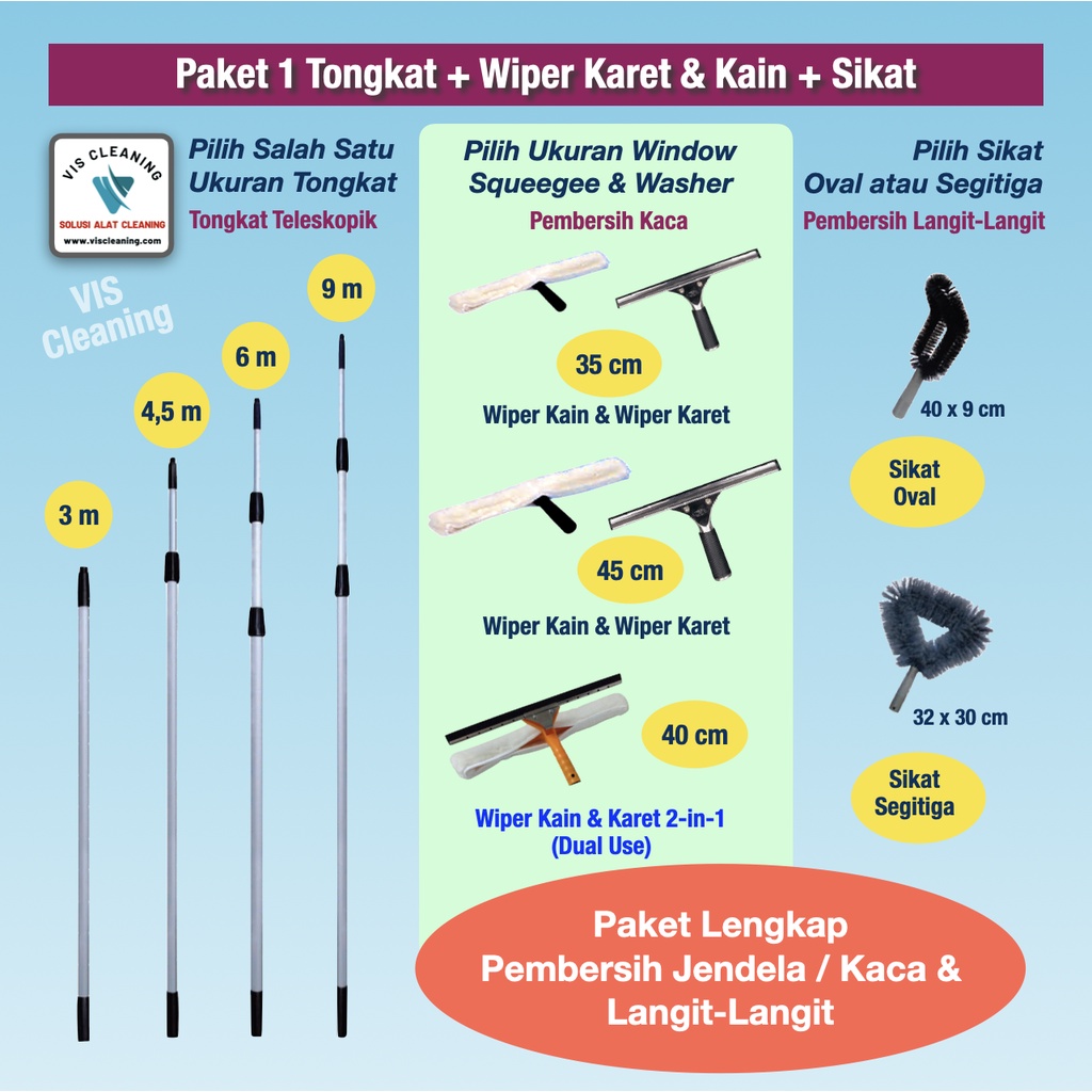 Paket Lengkap Tongkat Teleskopik / Telescopic Pole 4,5 m+Pembersih Jendela+Sikat Sawang