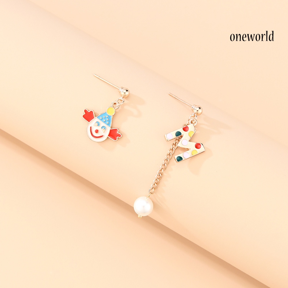 OW# Women Fashion Asymmetry Clown Colorful Letters Eardrop Dangle Ear Stud Earrings