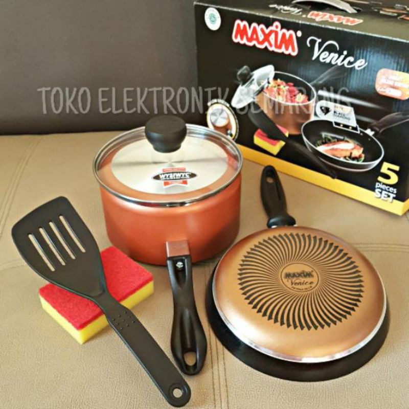 MAXIM VENICE SET WAJAN PANCI PENGGORENGAN TEFLON TUTUP KACA SPATULA SPON