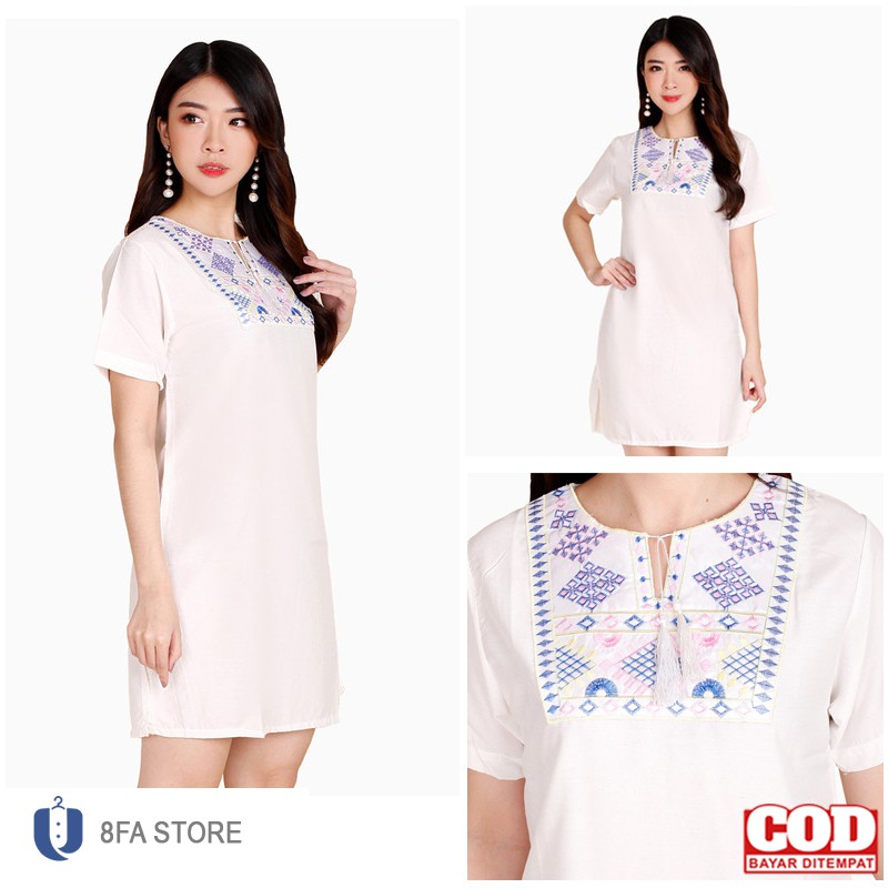 Tunik Putih Remaja Motif Bordir Lengan Pendek Fashion Wanita Kekinian All Size