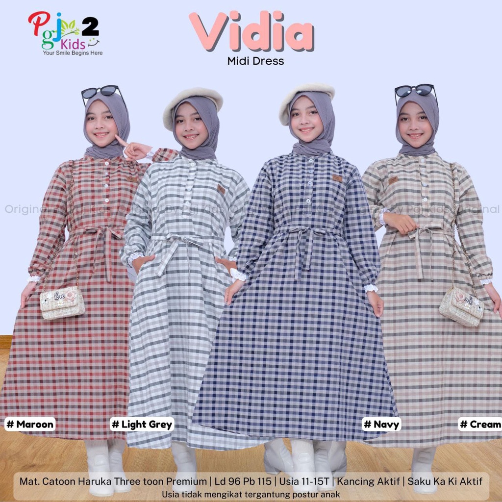 PROMO COD Midi Dress Terbaru Motif Kotak Kotak Cocok Untuk Remaja Perempuan Usia 11-15 Tahun Vidia S