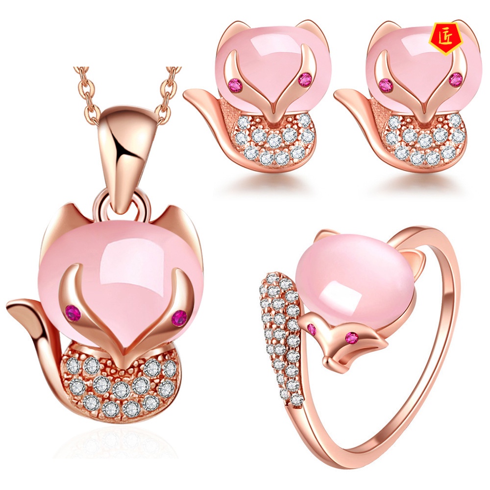 [Ready Stock]Pink Crystal Little Fox Ross Quartz Pendant Ring Earings Set