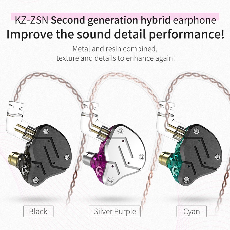 KZ ZSN Metal Hybrid Armature Dual Driver 1BA 1DD HIFI Bass Earphone - WITH MIC