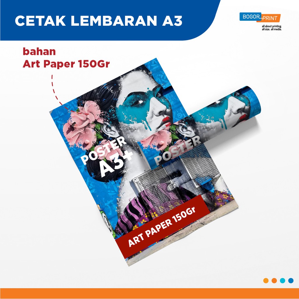 

Cetak Kertas AP 150 gsm ukuran A3+ / Full Color / Potong Kotak / Art Paper.