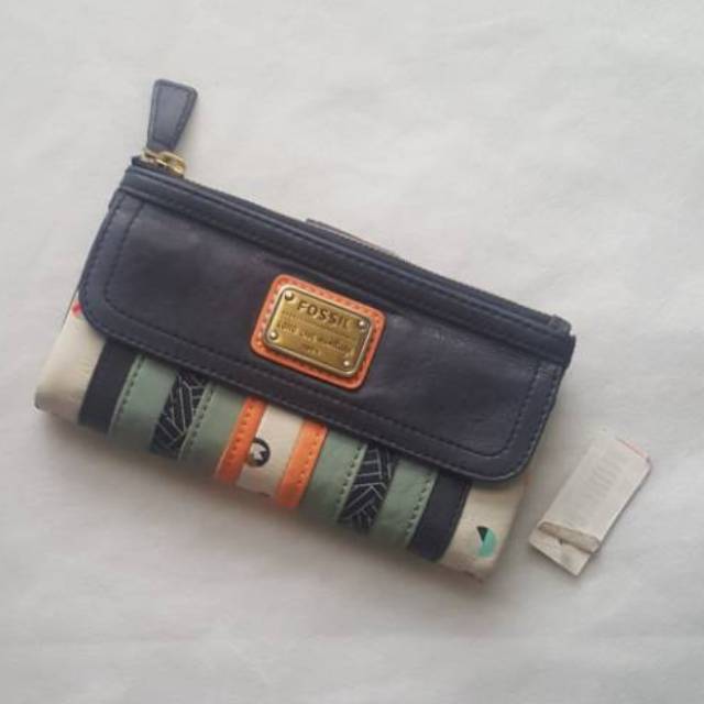 Dompet Fossil Emory clutch long wallet patchwork multi blue