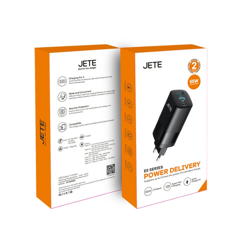 Charger Hp Fast Charger 65 Watt Power Delivery Quick Charge 4.0 JETE E5  - Garansi 2 Th Tukar Baru