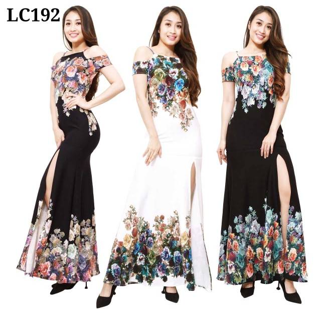LC192 Dress panjang sayap tebal Gaun panjang sexy belah kaki paha