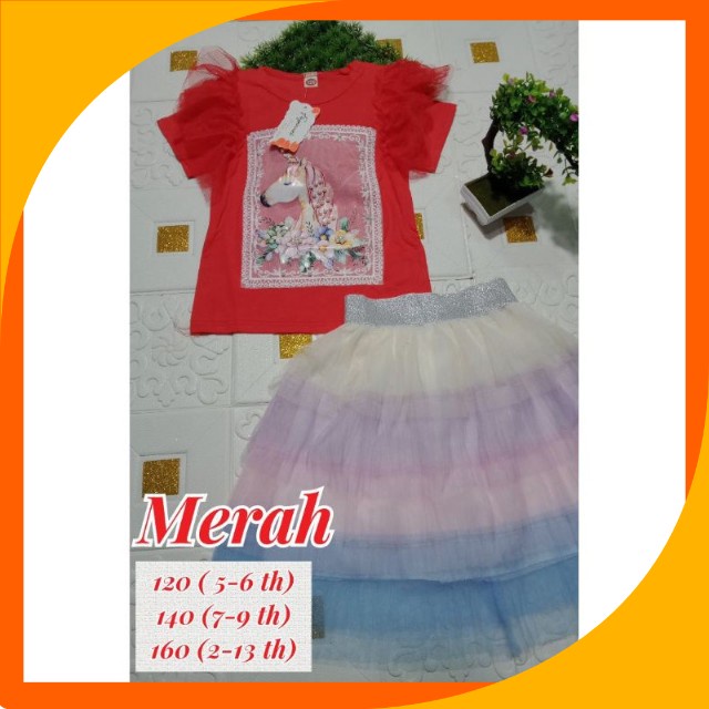 setelan rok tutu import premium 5-13 tahun unicorn / setelan rok tutu import unicorn rainbow