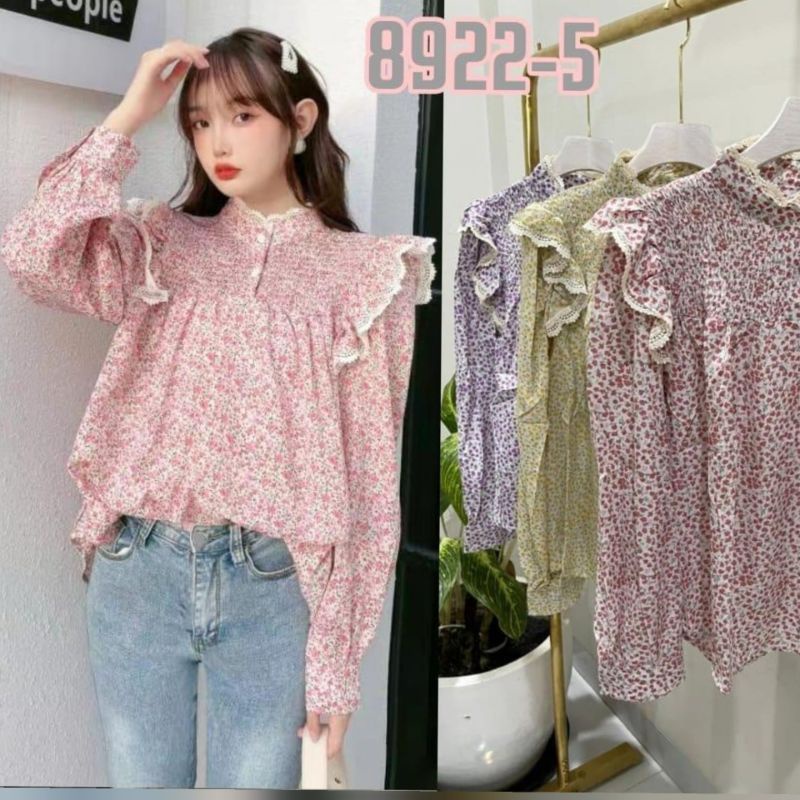 Atasan Wanita Dada Kerut Import/Atasan Blouse Ruffle Motif Bunga