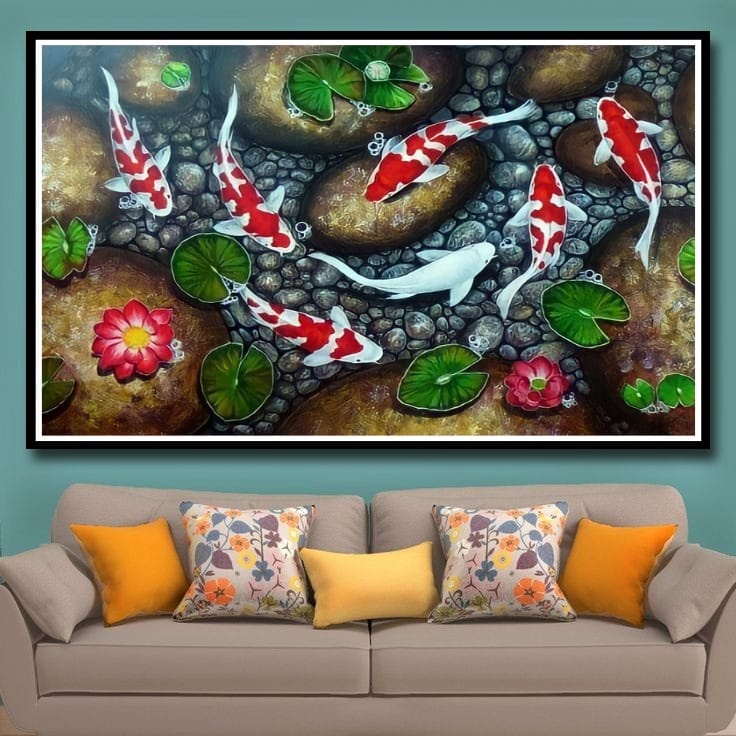 Lukisan Poster Ikan Koi hoki Fengshui 9 Jumbo 3 dimensi Xtra Besar Ukuran 70x50 cm 100x70cm 150x100c